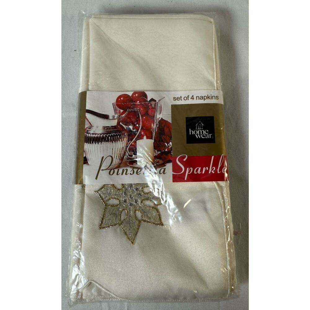 Home Wear Vintage Poinsettia Sparkle napkins 4Pk Ivory Silver Gold Holiday 85-16